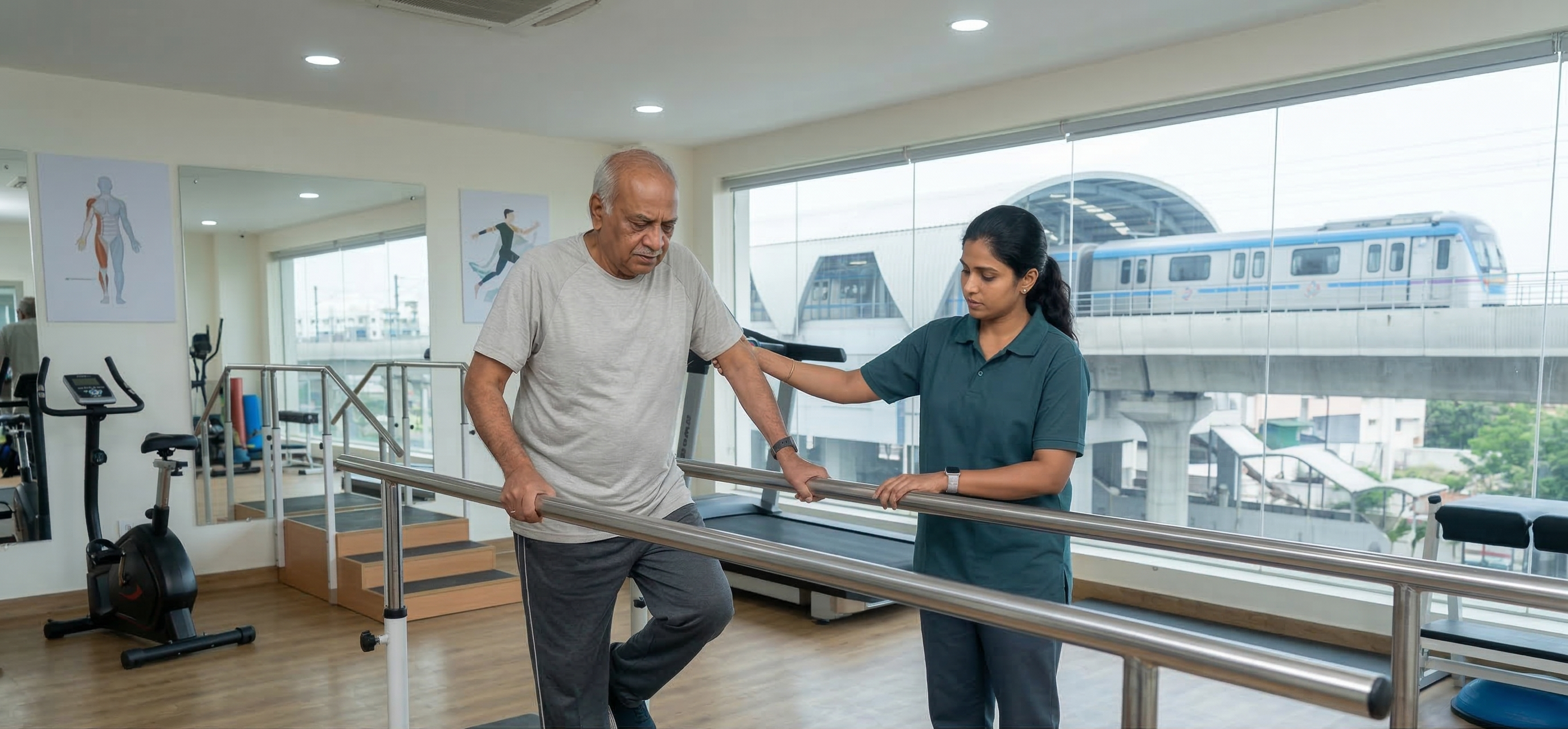 An expert neuro-physiotherapist guiding an elderly stroke survivor with a determined expression through gait training using parallel bars in a specialized neuro-rehab gym in Hyderabad. The elevated metro station is visible outside.