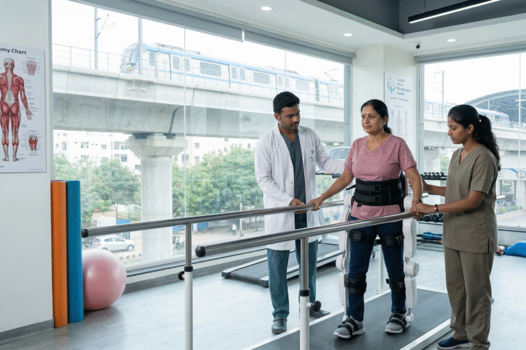 A specialized rehabilitation doctor and a physiotherapist collaboratively assisting a recovering patient with advanced mobility exercises in a bright, modern neuro-rehabilitation gym in Hyderabad, with the elevated Metro line visible.