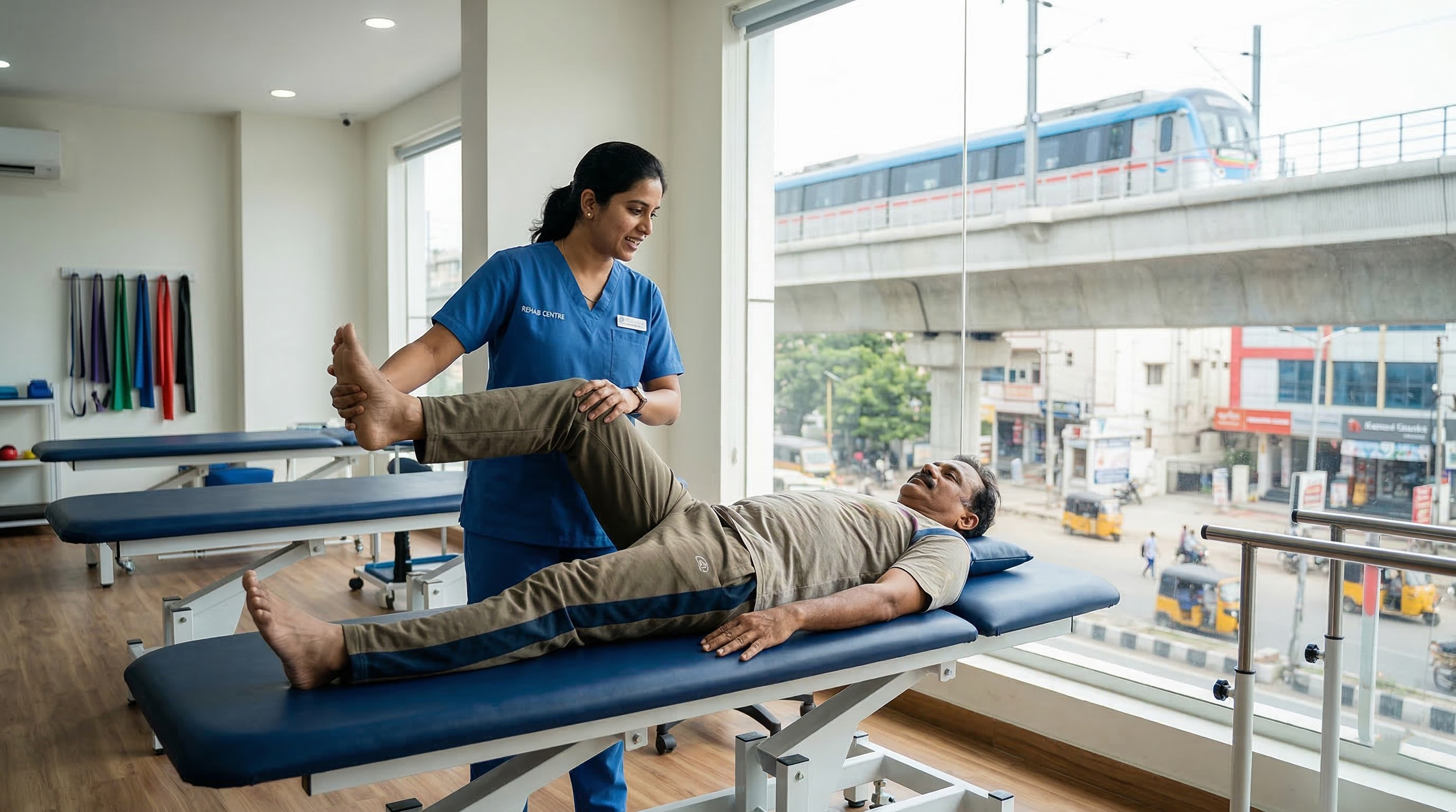 A professional physiotherapist guiding a patient through mobility exercises on a treatment table in a modern rehabilitation clinic in Dilsukhnagar, Hyderabad. The elevated Hyderabad Metro line is visible through the window.
